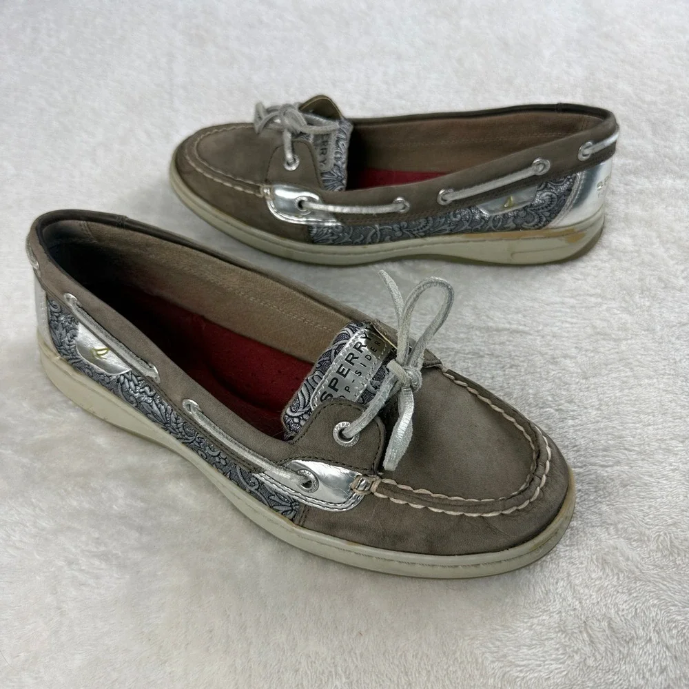 Sperry Top Sider Angelfish Boat Shoe Women 8 Brown Leather Metallic Panel Preppy